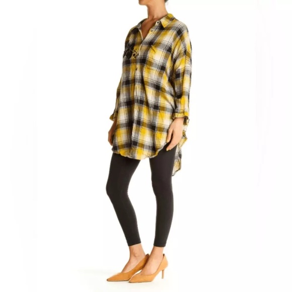 Maeve Anthropologie Yellow Plaid Floral Embroidered Oversized Tunic - Picture 4 of 12